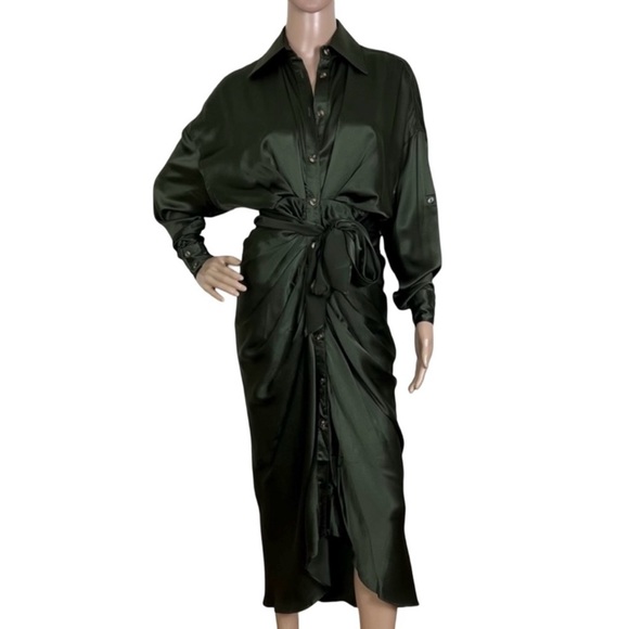 Divine Heritage Dresses & Skirts - NEW DIVINE HERITAGE GREEN SILK GATHERED MIDI SHIRT DRESS